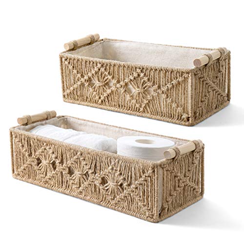 Mkono 2Pc Macrame Storage Basket, Boho Decor Toilet Paper Holder, Brown | Small Baskets for Organizing, Hand-Woven, Bohemian Beach Coastal Decor, Shelf Vanity Cabinet Bedroom Living Room Office Dorm - color: Brown