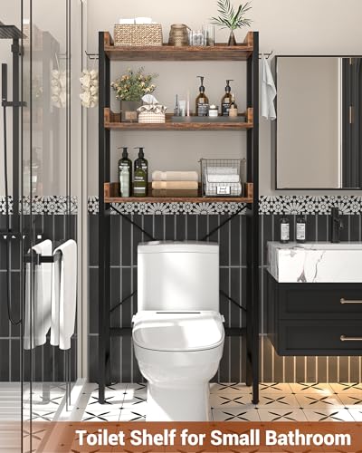 Ecoprsio Over-The-Toilet Storage Rack, 3-Tier Bathroom Organizer Shelf Over Toilet, Freestanding Space Saver Toilet Stands with 4 Hooks, Rustic Brown - color: Rustic Brown