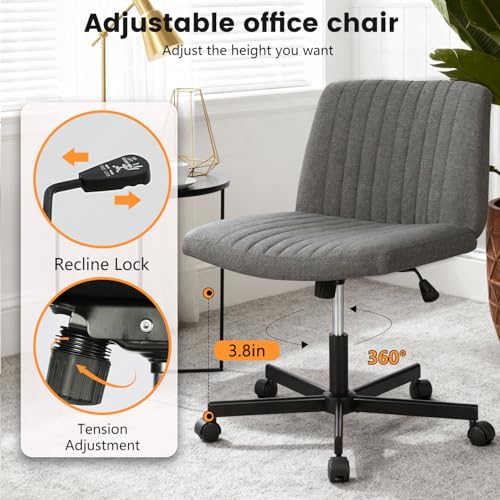FDW Criss Cross Chair with Wheels Cross Legged Office Desk Modern Swivel Height Adjustable Wide Seat Computer Task Vanity Chair Comfy Fabric Armless Seating for Home Office - color: Grey, style: With Wheels