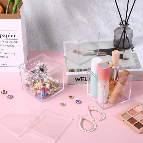 12 Pcs Clear Acrylic Plastic Small Acrylic Box with Lid Decorative Storage Box Jewelry Display Mini Clear Container for Home Candy Pill Tiny Jewelry, 3 x 3 x 3