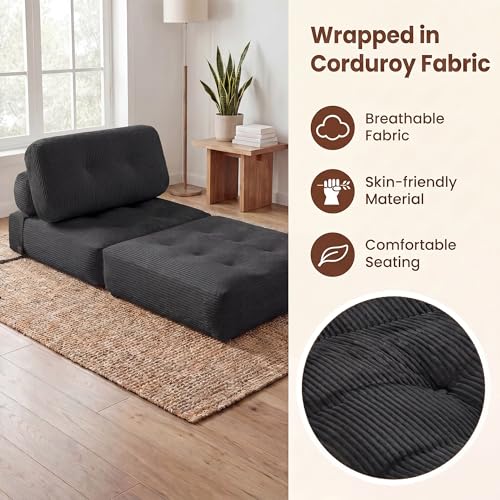COSTWAY Folding Sofa Bed with Pillow, Convertible Couch (Black) | with Backrest & Fixing Straps, Boneless Convertible Sleeper Chair for Adults, Guest Use, Living Room - color: Black