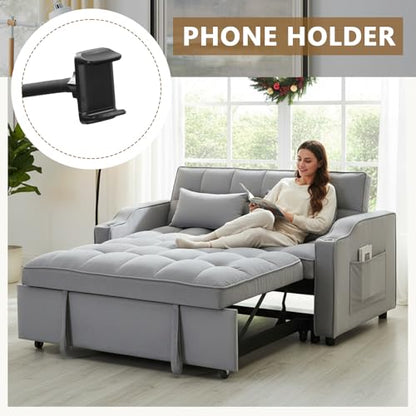 3 In 1 Velvet Convertible Sofa Bed, Pull Out Couch Bed with Reclining Backrest And 2 Pillows, 54" Full Size Loveseat Sleeper Sofa Futon Couch Bed, Couches For Small Spaces, Living Room (Light Gray) - color: Light Gray