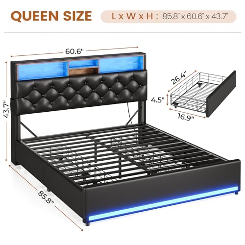 Queen Bed Frame with 4 Drawers & Storage Headboard, Lights, Black PU | LED Bed Frame Queen Size with Charging Station, 5 Shelves, Upholstered Bed with Metal Slats, No Box Spring Needed - color: Black-pu Leather, size: Queen