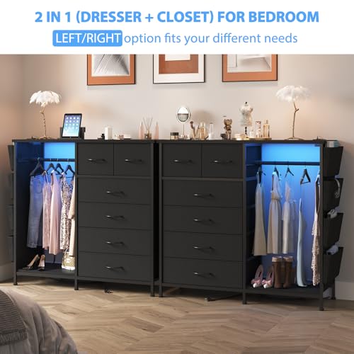 6 Drawer Dresser for Bedroom with Clothes Rack, Clothes Dresser with Side Pockets and Hooks, Charging Station & LED Lights, Wooden Top, Fabric Storage (Black) - color: Black