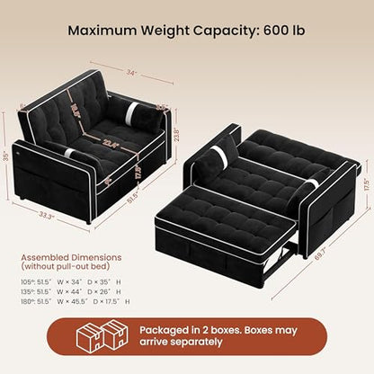 Yaheetech 3 in 1 Sofa Bed Convertible Sleeper Sofa with USB Ports, Black | Velvet Pull Out Couch Folding Loveseat Sleeper, Armrest Pillows, USB Ports, Side Pockets for Living Room Bedroom Apartment - color: Black