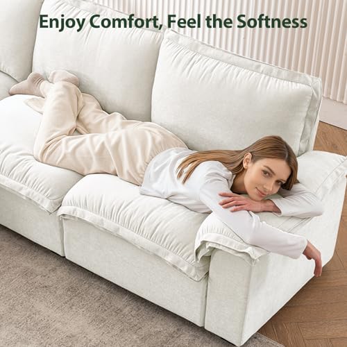 HALLYBEE Cloud Couch Sectional Modular Sofa for Living Room White | Modular Sectional Cloud Couch with Movable Ottoman, L-Shaped, 3-Seater, Chenille Fabric, Removable Cushion Covers, Apartment - color: White