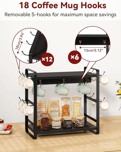 IBUYKE Kitchen Mug Cup Holder,2 Tier Coffee Bar Organizer,Black TBJ006B | Coffee Bar Station Countertop Organizer Coffee Mug Stand with 18 Hooks,Multifunctional Mug Tree for Home Kitchen Office - color: Black