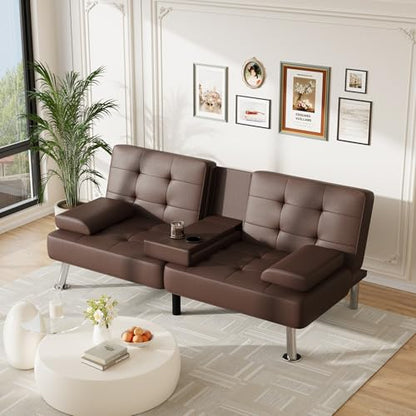 Furmax Leather Futon Sofa Bed, Adjustable Futon Couch for Living Room | Sleeper Sofa Bed with 2 Cup Holders, Reclining Futon Loveseat for Apartment, Business Office & Small Spaces | Brown - color: Brown