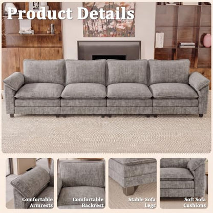 JUMMICO 159" Sectional Couch, Modular Cloud Sofa, Light Grey | Comfy Chenille, 4 Deep Seats, High-Density Foam, Double Layer Cushions, Oversized Linear Sofa for Living Room and Apartment - color: Light Grey, size: Linear Sofa