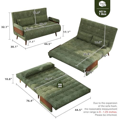 JASIWAY 45" Mid-Century Convertible Sofa Chair Bed Sleeper for Adult, Futon | Space Saving, Sturdy Green Chenille Convertable Guest Bed with Adjustable Backrest, Folding Sofa Chair with Walnut Armrest - color: Mid-century Green, size: 44.5" W Sleeper Chai