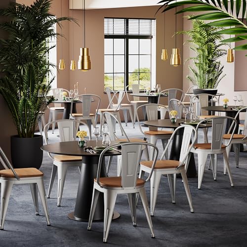Alunaune 18inch Metal Dining Chair Set of 4 High Back Classic Chic Iron Farmhouse Chairs Industrial Stackable Coffee Stools Bistro Cafe Side Barstools Wood Seat-Silver - color: Silver