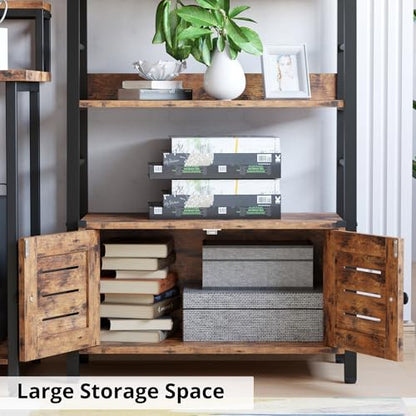 IRONCK 4 Tier Ladder Bookcase with Louvered Doors Rustic Brown | Bookshelf; Ladder Shelf;bottom cabinet; anti tip kit; for Bedroom Living Room Home Office