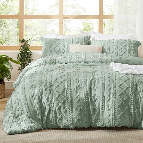 Bedsure Tufted Boho Comforter Set Full Size - Sage Green Boho Bed Set, GentleSoft™ 3 Pieces Farmhouse-Style Embroidery Bedding, Gifts for Woman, Soft Jacquard Kids' Full Comforter for All Seasons - color: 13 - Sage Green - Elegant, size: Full