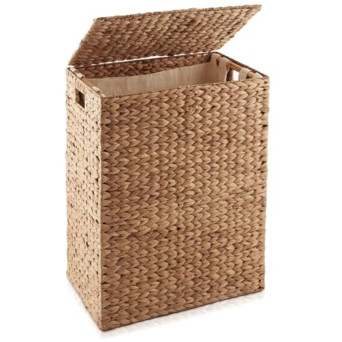 Casafield Large Laundry Hamper with Lid and Removable Liner Bag - Cinnamon, Woven Water Hyacinth Rectangular Laundry Basket Sorter for Clothes Towels - color: Cinnamon