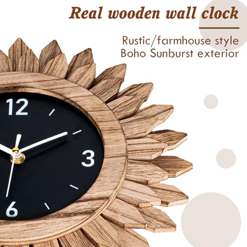 Wall Clock Battery Operated 12 in Rustic Wood Boho Sunburst Decorative Wall Clock Silent Non Ticking Farmhouse Small Wall Clocks for Living Room Kitchen Bathroom Bedroom Decor (Rustic Brown) - color: Rustic Brown, size: 12 Inch