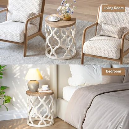 karlott Farmhouse End Table, French Country Round Side Table, Beige | Curved Motif Frame Base With Distressed Tray Top, Boho Accent Table Ideal, End Tables for Living Room, Small Space, Bedroom - size: End Table 18.5 Inches