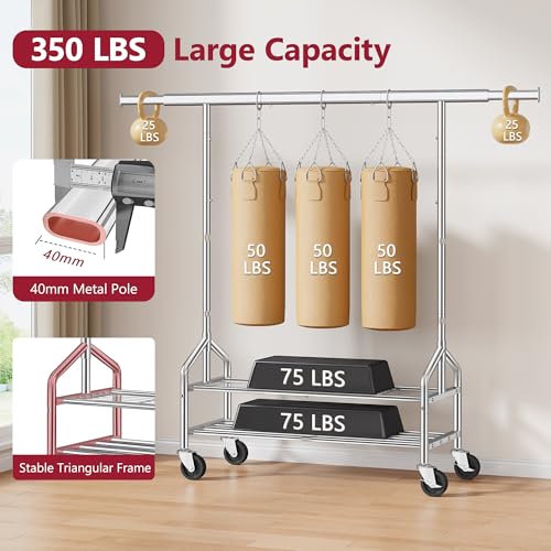 Clothes Rack with 2 Shelves, Heavy Duty Load 350 LBS, Chrome | Rolling Clothing Rack, Adjustable Length and Height, Garment Rack with Wheels for Bedroom, Student Dormitory and Laundry Room - color: Chrome