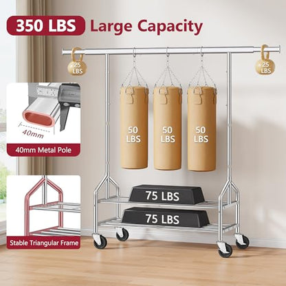 Clothes Rack with 2 Shelves, Heavy Duty Load 350 LBS, Chrome | Rolling Clothing Rack, Adjustable Length and Height, Garment Rack with Wheels for Bedroom, Student Dormitory and Laundry Room - color: Chrome
