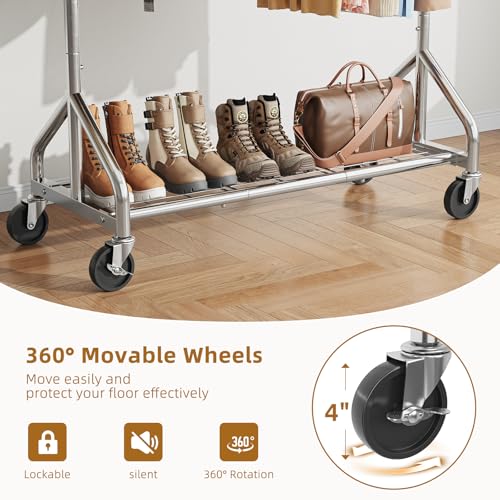 Simple Trending Heavy Duty Clothes Rack, Extensible Clothing Rack, Silver | Garment Rack Load 450 LBS, Portable Closet with Mesh Bottom Shelf, 360° Lockable Wheels, Bedroom, Laundry Room - size: 17"D x 61"W x 66.75"H