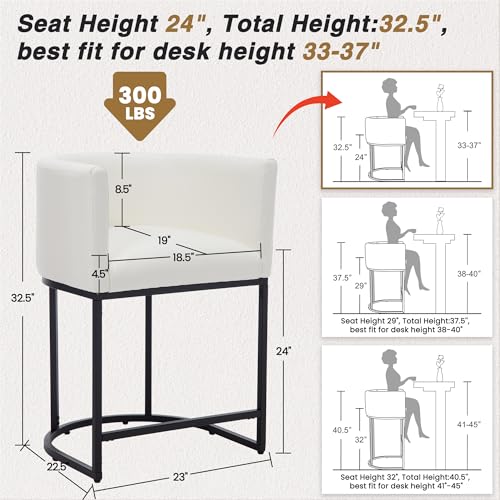 HNY White Modern Barrel Counter Height Clearance Bar Stools Set of 2, 24 Inch PU Leather Kitchen Barstools with Back for Island, with Black Metal Tubular Frame - color: 24inch White,black Base