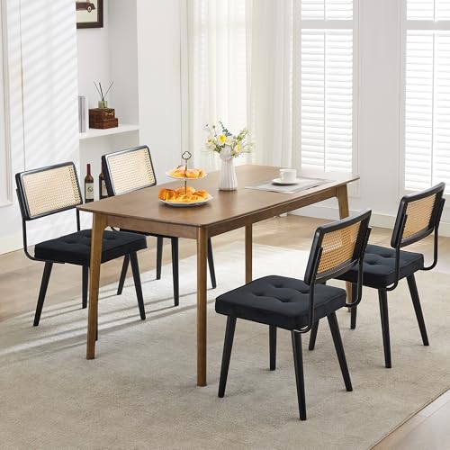 GarveeHome Natural Rattan Dining Chairs Set of 4, Velvet Upholstered Kitchen Chairs with Tall Cane Backrest and Strong Wood Legs for Dining Room, Kitchen, Restaurant, Black - color: Black, size: 4 PCS
