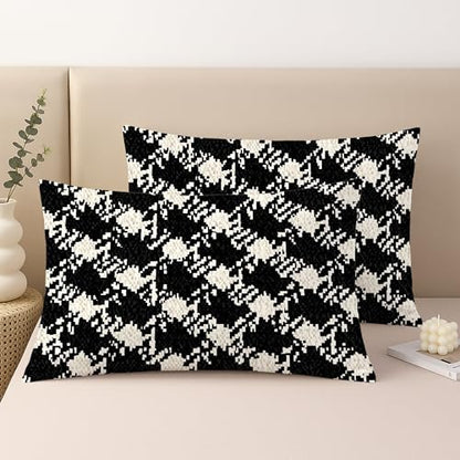 Houndstooth Throw Pillow Covers Set of 2, Modern Contemporary Geometric Abstract None Black Soft Velvet Washable Accents Pillows Cases for Home Bedroom Living Room Sofa Couch Decor 20x12 Inch - size: 20" x 12" (Pack of 2)