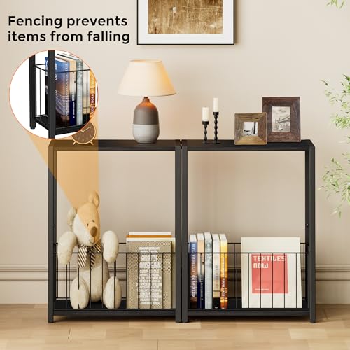 Homleke Narrow Side Table with Magazine Holder, Skinny End Table | Space-Saving Design, Small Spaces, Storage Shelf, Metal Frame, Easy Assembly, 7.1" D x 16.9" W x 23.6" H, Black - color: Black - Standard