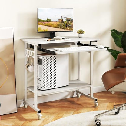 GIANTEX Rolling Computer Desk, Mobile Portable Desk with Keyboard Tray & Wheels, Laptop PC Table Cart with Shelf & Hooks, Industrial Small Desk for Small Spaces, Home Office, Bedroom, White - color: White