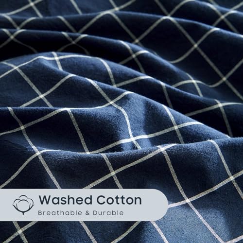 Wake In Cloud - Grid Cotton Duvet Cover Set, Plaid Checkered Geometric Farmhouse, 100% Washed Cotton Textured Bedding Set, 3 Pieces, Navy Blue, Queen Size - size: Queen