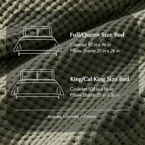 100% Cotton Waffle Coverlet Set, King Size, Olive Green | Soft Premium Waffle Weave Cotton Bed Blanket, Lightweight Oversized Bedspread, All Season 3-Piece Bedding Set with 2 Shams - color: Olive Green, size: King/Cal King (108" X 96")