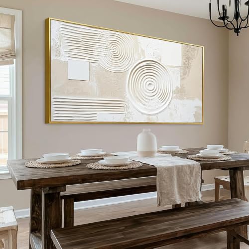 Large Minimalist Boho Wall Art Framed with Hooks, Round Rectangular Art for Living Room Bedroom 30"x60" - color: Geometric Art White, size: 147L x 73W cm