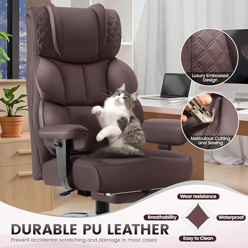 BestGlory Office Desk Chair, Big and Tall Leather Gaming Chair with Footrest, Wide Ergonomic Comfy Executive High-Back Reclining Computer Chairs, Swivel Rolling Wheels and Padded Lumbar Support,Coffee - color: Coffee, style: 3 Position Reclining