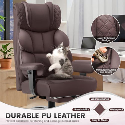 BestGlory Office Desk Chair, Big and Tall Leather Gaming Chair with Footrest, Wide Ergonomic Comfy Executive High-Back Reclining Computer Chairs, Swivel Rolling Wheels and Padded Lumbar Support,Coffee - color: Coffee, style: 3 Position Reclining