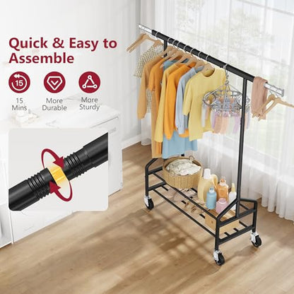 Clothing Rack with 2 Shelves, Metal Heavy Duty Load 350 LBS, Black | Adjustable Clothes Rack, Extendable Garment Rack for Hanging Clothes, Rolling Rack for Bedroom, Laundry Room, Clothes Store - color: Black