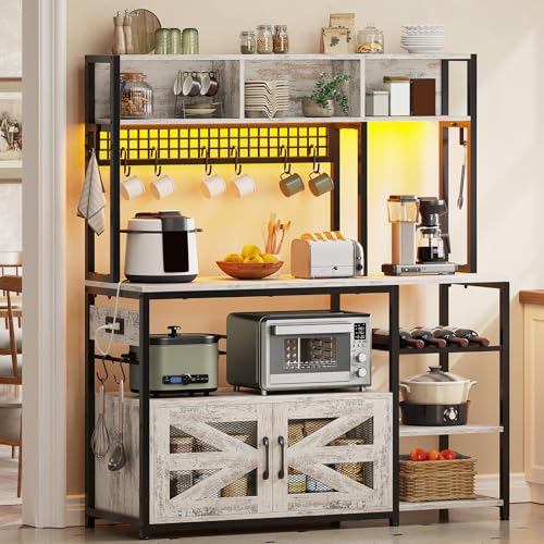 Itaar 47.2 Inch Bakers Rack with Power Outlet, Microwave Stand with Storage, Farmhouse Coffee Bar Cabinet Station with Wine Rack, Iron Mesh and 8-S Hooks, Vintage White - color: Vintage White