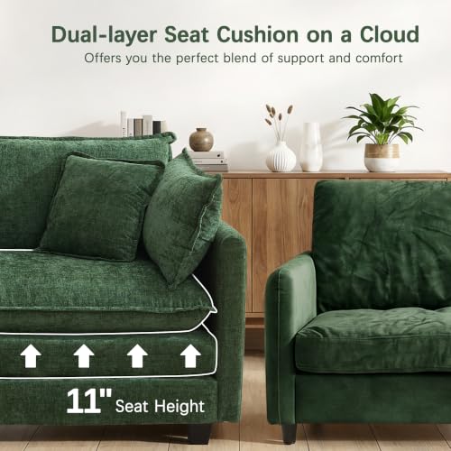Oversized Loveseat Sofa, 70" Sectional Cloud Couch, 2 Seat Modern Comfy Sofa Chenille Deep Seat Couches with 2 Pillows, for Small Apartment, Bedroom, Living Room（Green 70" Loveseat） - color: Green, size: 70" Loveseat