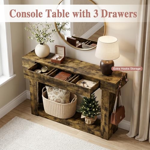 63'' Console Table with 3 Drawers and Open Storage, Entryway Table with Socket, LED Light and Hooks, Narrow Long Wood Sofa Table Behind Couch Table for Living Room, Hallway, Foyer, Brown - size: 63'' IN