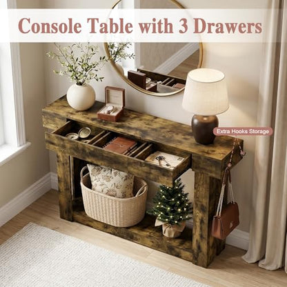 63'' Console Table with 3 Drawers and Open Storage, Entryway Table with Socket, LED Light and Hooks, Narrow Long Wood Sofa Table Behind Couch Table for Living Room, Hallway, Foyer, Brown - size: 63'' IN