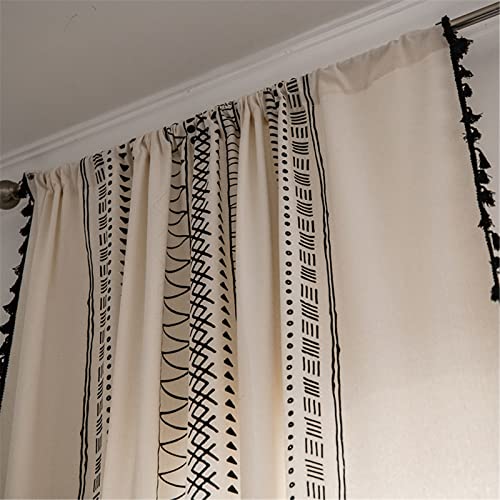 Deeprove Boho Curtains 96 Inches Long, White Cream Cotton and Linen Bohemian Print Black Tassel, Geometric Semi-Blackout Window Panel Farmhouse Drape for Living Room, Rod Pocket, 1 Panel, W59 x L96 - color: Cream & Black Boho, size: 59"W x 96"L (Pack of 1