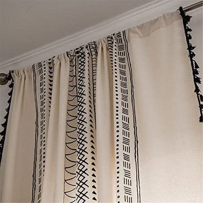 Deeprove Boho Curtains 96 Inches Long, White Cream Cotton and Linen Bohemian Print Black Tassel, Geometric Semi-Blackout Window Panel Farmhouse Drape for Living Room, Rod Pocket, 1 Panel, W59 x L96 - color: Cream & Black Boho, size: 59"W x 96"L (Pack of 1