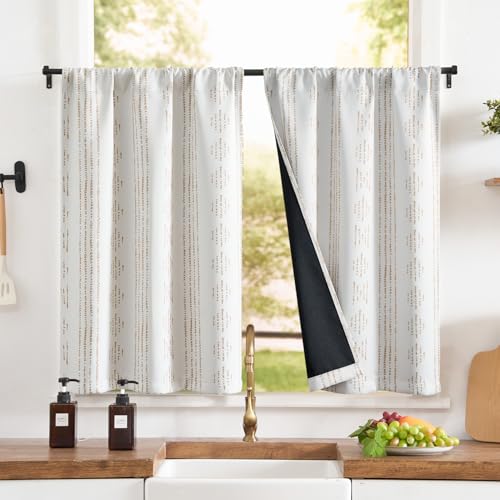 jinchan Boho Blackout Kitchen Tier Curtains, 24 Inch, Taupe on Beige | Taupe geometric print on warm beige, soft blackout backing, 2 panels, rod pocket, for kitchens, bedrooms, RVs and campers - color: Blackout Backing | Taupe on Beige, size: 25"W x 24"L