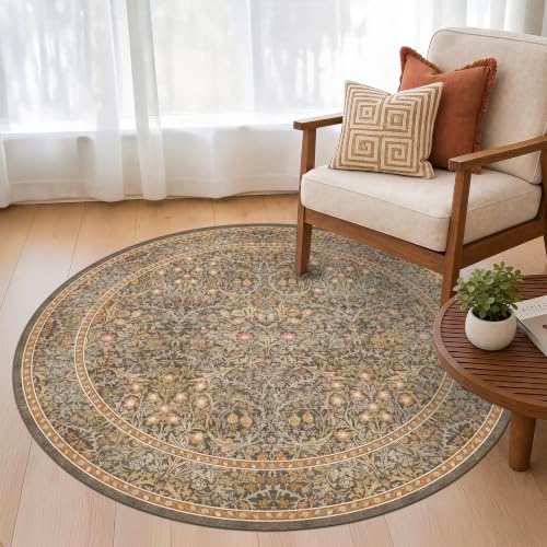 Gold Brown 4ft Round Area Rug for Living Room, Machine Washable Boho Botanical Floral Circle Rug for Kitchen, Bedroom, Reading Corner - Non Slip with Rubber Backing, Low Pile Stain Resistant Carpet - color: Gold Brown, size: 4' (Round)