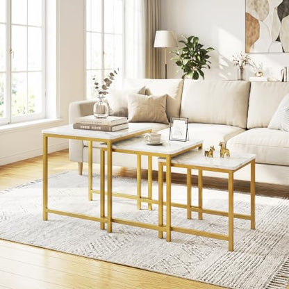 Giantex Nesting Coffee Table Set of 3, Small Center Tables, White | Faux Marble Coffee Table with Metal Frame, Space-Saving Stacking End Table for Small Space - color: White & Gold