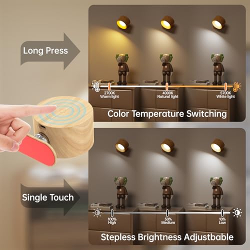 Deyagoo 3PACK LED Wall Sconce, Rechargeable Wall Light with Remote-Wood | 3 Colors, Dimmable, Magnetic Rotating Head, 360 Degree Rotate - color: Wood-D