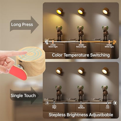 Deyagoo 3PACK LED Wall Sconce, Rechargeable Wall Light with Remote-Wood | 3 Colors, Dimmable, Magnetic Rotating Head, 360 Degree Rotate - color: Wood-D