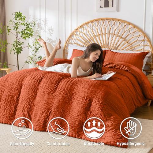 HYMOKEGE Burnt Orange Twin Size Duvet Cover, Ultra Soft 2-Piece Seersucker Duvet Cover Set with Zipper Closure, Soft Brushed Microfiber Bedding Set with 8 Corner Ties (68"x90", 1 Pillowshams) - color: 04 - Burnt Orange (No Comforter), size: Twin(68"×90")