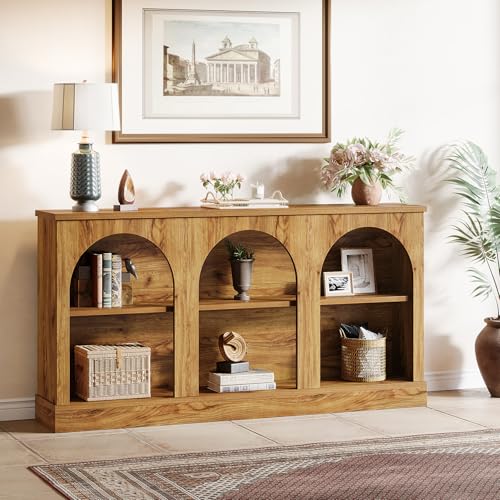 Tribesigns Console Table with Storage, 63" Long Arched Entryway Table | 3 Tier Wooden Farmhouse Sofa Table Behind The Couch for Entrance, Hallway, Foyer, Living Room, Natural Wood - color: Natural Wood