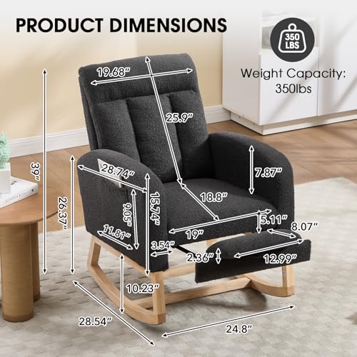 Rocking Chair Nursing, Rocker Chair with Footrest (Dark Grey) | Teddy Boucle Upholstered Accent Reading Chair with High Back & Side Pocket for Living Room Bedroom Nursery Office - color: Dark Grey