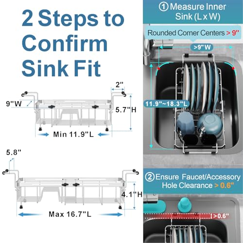 Small Over the Sink Dish Drying Rack - 9" W Expandable Stainless Steel Compact Dish Drainer for RV, Apartment, Camper, Kitchen, Dish Strainer with Lock Knob, Silver - color: Silver, size: 9"W | Fits Inner Sink 12"-18.3"L