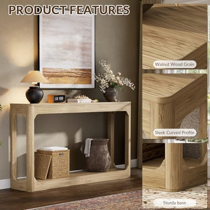 55.1" Console Table, Entryway Sofa Table for Hallway, Natural | Engineered wood, Slim console table, curved legs, 2-tier storage, entryway hallway sofa living room - color: Natural